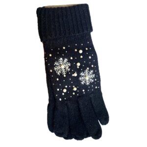 Women's Black Cable Knit Embroidered Pearl Snowflake Winter Touchscreen Gloves